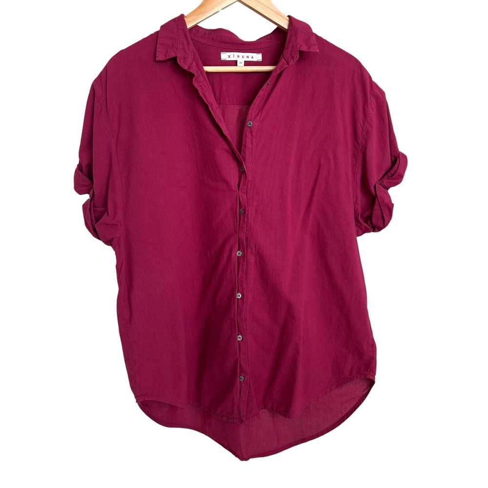 Xirena Channing Short Sleeve Cotton Button Up Shirt in Magenta Plum SZ XS